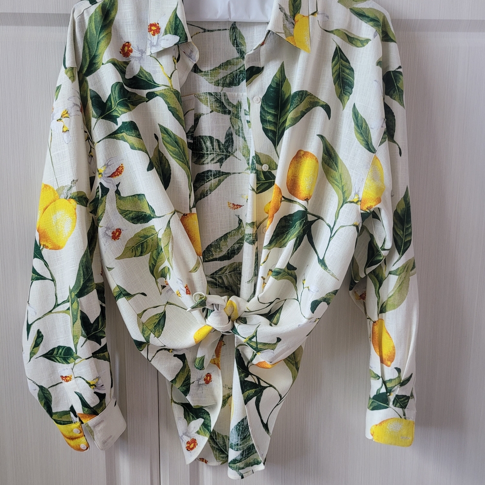 Express Lemon and Leaf Print Linen Blouse